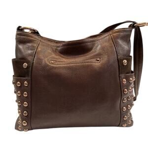 B. Makowsky women's brown leather, studded shoulder bag.